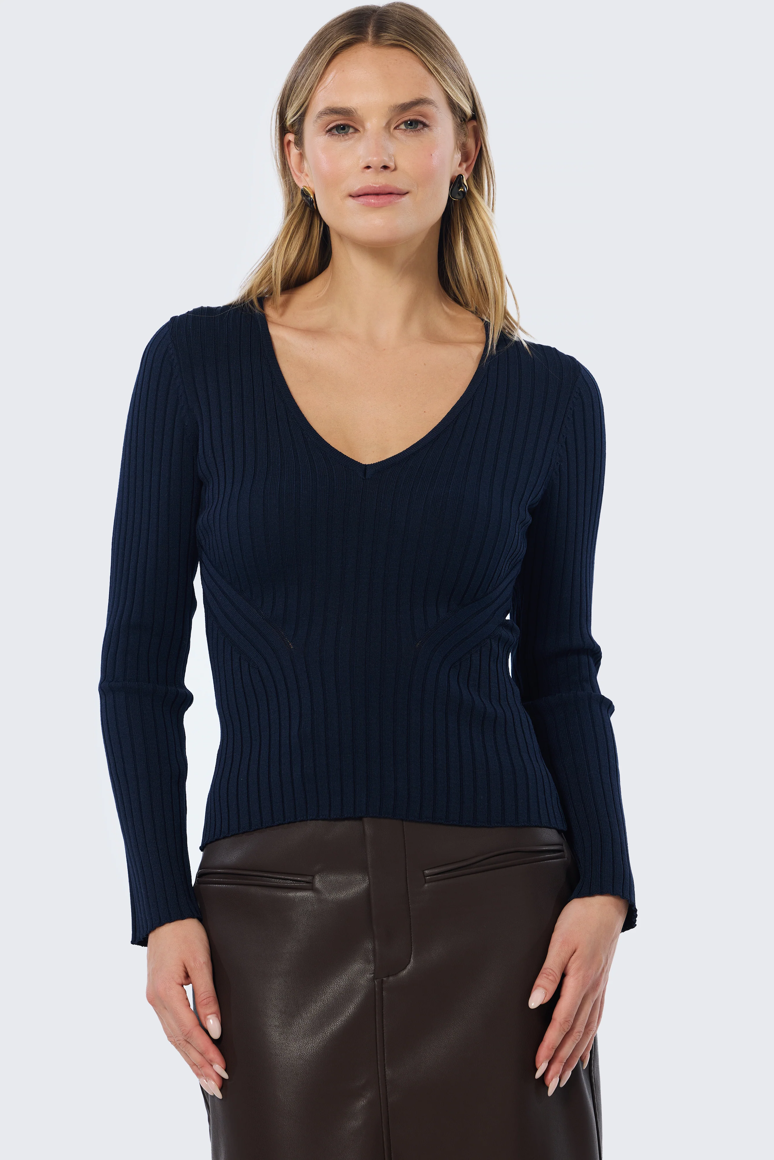 V Neck Long Sleeve Ribbed Top